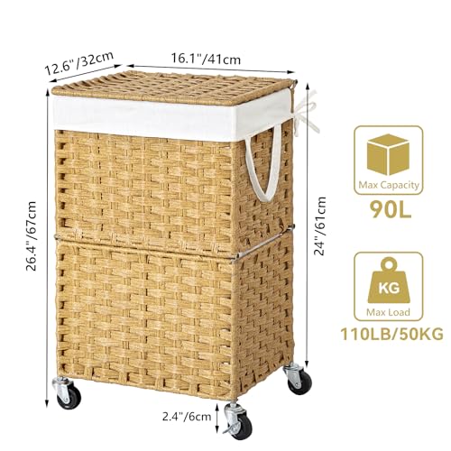 Chrislley 90L Slim Laundry Hamper with Wheels, Rolling Laundry Basket with Lid and Renovable Liner Bag, Handwoven Rattan Organizer for bedroom, bathroom, laundry room (Yellow) - color: Yellow