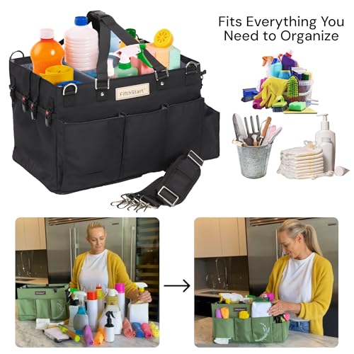 FifthStart Multiuse Cleaning Caddy with Waist & Shoulder Strap - Diaper Caddy & Beach Bag - 9 Pockets & Mesh Base - Adjustable Compartments (Black, Small) - Cleaning Supplies Organizer Bag - color: Black, size: Small