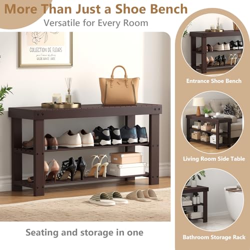 Sweetcrispy Shoe Rack Bench, 3-Tier Bamboo Entryway Storage Organizer, 286lb Capacity, Shoes Stand for FrontDoor Entrance, Bedroom, Living Room, Bathroom, Balcony, 35 Inches Length, Brown - color: Brown, size: 35 inches WIdth