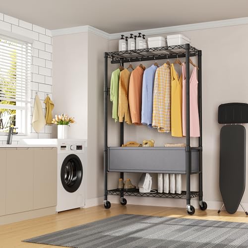 Heavy Duty Clothes Rack Rolling Garment Rack,3 Tier Adjustable Wire Shelving Clothing Racks for Hanging Clothes with Double Rods&Side Hooks,Freestanding Wardrobe Storage Rack Metal Portable Closet - color: Black8, size: 15.75"D x 31.8"W x 78.75"H
