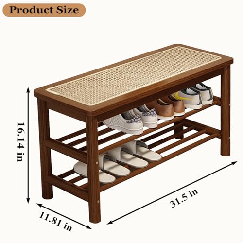Bamboo Shoe Rack Bench with Rattan Seat, 3-Tier Shoe Storage Bench, Entryway Bench for Hallway, Walnut-31.5 inches - color: Walnut, size: 31.5 inch