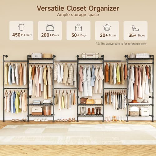 H6 Wall Mounted Closet System, Industrial Pipe Clothes Rack Clothing Racks with 6 Telescopic Rods & 3 Fixing Rods & 9 Shelves, Heavy Duty Closet Organizers and Storage in Wardrobe Closet (Black) - color: Black