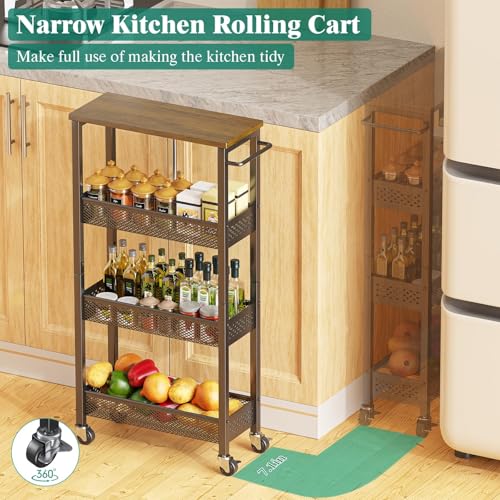 Giwil Slim Rolling Storage Cart 4 Tier Bathroom Organizer Mobile Shelving Unit Utility Cart with Wood Top and Handle for Kitchen Laundry Narrow Places, Black - color: Black, size: 4 Tier (W-7.1IN)