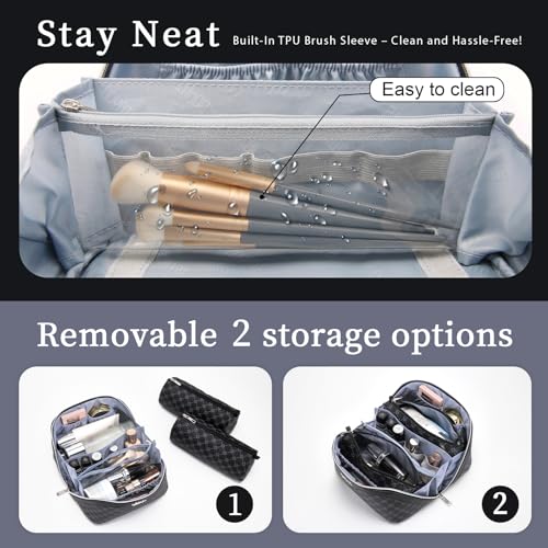 BOYATU Travel Makeup Bag Cosmetic Bags for Women: 3 Pcs Set Large Capacity Make up Bag with Handle - Vegan Leather Toiletry Bags with Compartments - Makeup Organizer for Travel Essentials(A-7-Black) - color: A-7-Black