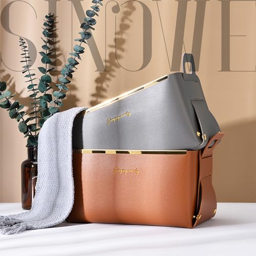 Decorative Faux Leather Basket,Small Catchall Basket for Entryway Bedside Dresser End table,Collapsible Rectangle Tray Organizer Box (Light Grey) - color: Light Grey