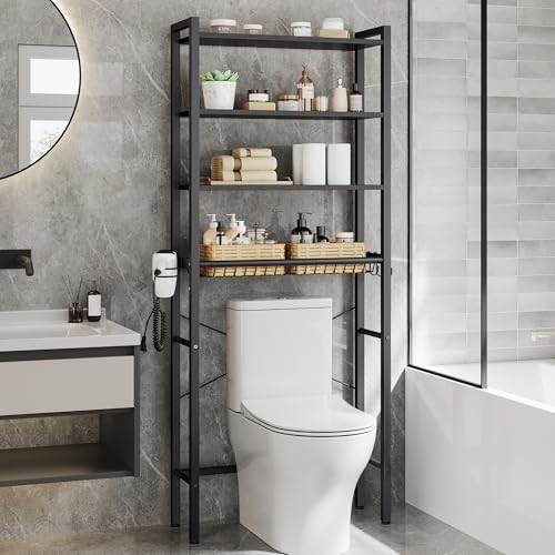 VASAGLE Over the Toilet Storage, Over Toilet Bathroom Organizer with Adjustable Shelves and Basket, 3 Hooks, Space Saving, 9.4 x 23.6 x 68.1 Inches, Ebony Black UBTS114BE01S - color: Ebony Black, style: 4 Tiers (68.1" H)