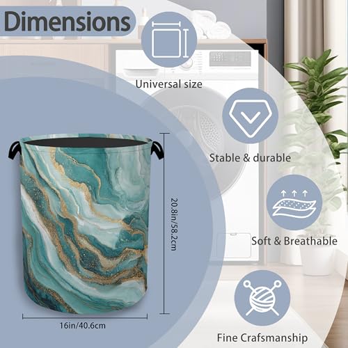 Blue Green Gold Marble Laundry Basket,Foldable with Handles Tote Bag Oxford Cloth for Bathroom Bedroom Dirty Clothes Storage Bucket 16" x 20.8" - color: Blue Green Gold Marble