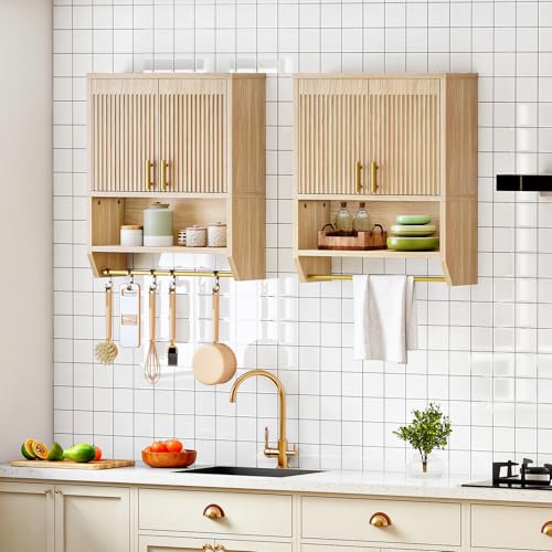 HOOBRO Fluted Medicine Cabinet, Farmhouse Bathroom Wall Cabinet with Towel Rack and Adjustable Shelf, Fluted Wall-Mounted Storage Organizer, for Bathroom, Kitchen, Natural - color: Natural, size: 20.5"L x 9"W x 27.5"H