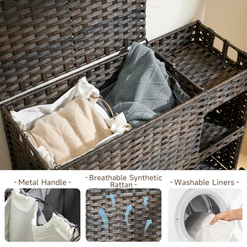 Laundry Hamper with Wheels, 42.3 Gal.(160 L) Laundry Sorter with Shelves, Rattan Clothes Hamper with 4 Removable Liners & 3 Mesh Bags, Handwoven Organizer for bedroom, bathroom, laundry room, Brown - color: Brown