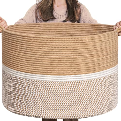 CHICVITA XXL Extra Large Cotton Rope Woven Basket with Handles, Throw Blanket Storage Basket, Decorative Clothes Hamper - 22" x 22" x 14", Brown&White - color: Brown and White