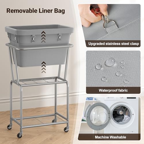 ELYKEN Rolling Laundry Hamper with Wheels, Laundry Cart with Removable Bag, Heavy Duty Metal Frame, 2-Tier Clothes Basket Hamper with Shelf for Closet, Bedroom, Bathroom, Laundry Room, Gray - color: Gray, size: 20.3"l X 15.9"w X 30.9"h