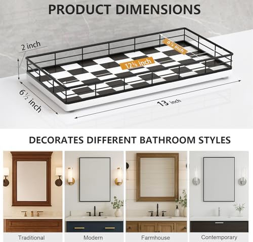 Toilet Paper Basket Organizer – Oak Wood Toilet Tank Tray with Metal Frame, Bathroom Counter Top Storage for Toilet Paper, Wipes & Decor, Modern Narrow Back of Tank Shelf Organizer, Black & White - color: Black & White, size: 13" x 6.5" x 2"