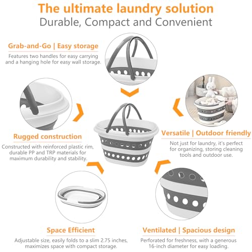 2 Pack Compact Collapsible Laundry Basket, Small Size Pop-Up Hamper Perfect for Bedroom Side,Bathroom,Travel, Not for Large Families, Foldable with Handle, Measures 16 x 12.5 x 9.5 In, (Gray) - color: Gray×2