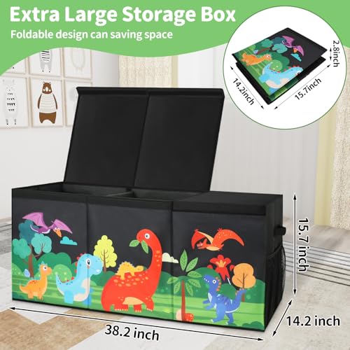 Extra Large Kids Toy Box, Foldable Toy Organizer with Dividers & Lids, 148L Dinosaur Storage Bin for Toddlers Boys Girls, Collapsible Chest for Toys, Books, Bedroom, Playroom, Nursery Black - color: Black