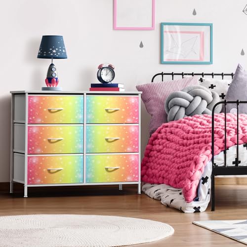 Sorbus Dresser with 6 Drawers - Furniture Storage Tower Unit for Bedroom, Hallway, Closet, Office Organization - Steel Frame, Wood Top, Easy Pull Fabric Bins (6-Drawer, Rainbow) - color: Colorful With Stars, style: 6-Drawer