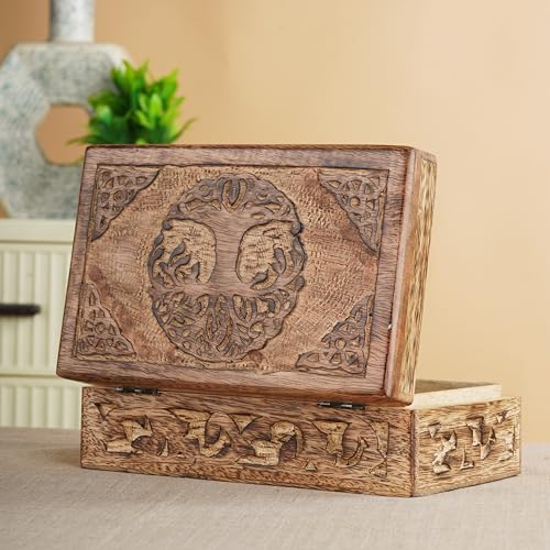 Ajuny Wooden Jewelry Box - Hand Carved Mango Wood Tree of Life Celtic Carving Decorative Multipurpose Keepsake Box, Treasure Chest Memory Box Organizer Travel Trinket Holder Case Gifts - 8x5 Inch - style: Celtic Tree