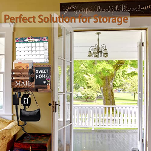 Key and Mail Holder for Wall with 2 Double Key Hooks with Black Board Floating Shelf Rustic Wood Decorative Hanger for Entryway, Storage, Living Room, Hallway, Kitchen (Dark Brown)