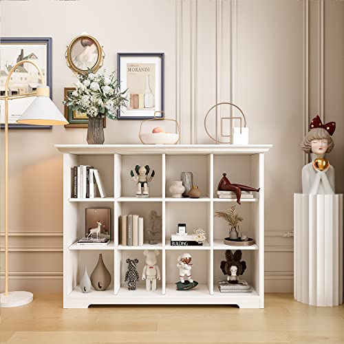 OSCHF Wooden Cube Bookcase with Base - Modern 3 Tiers Floor Standing Open Shelf Cabinet for Home and Office, 12-Cube Lattice Bookshelf, Warm White - color: Warm White, size: 12-Cube