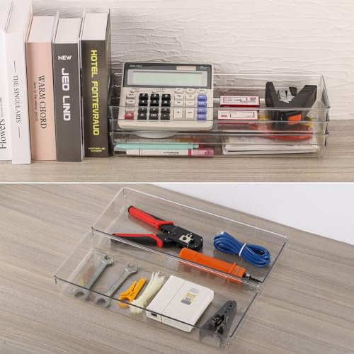Ohlove 6 Pcs Large Clear Plastic Drawer Organizers Tray 15" x 6.3" Storage Bins with 25 Pcs Non-Slip Pads for Makeup, Jewelries, Kitchen Utensils, Bathroom and Office - size: 15"x6"