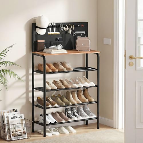 STORAGE MANIAC 5 Tier Shoe Rack for Entryway, Metal Shoe Shelf with Storage Pocket and MDF Top Board, 16-20 Pairs Free Standing Shoes Organizer for Closet, Black