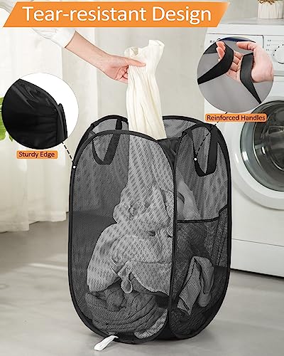 Durable Collapsible Laundry Baskets, Upgrade Foldable Pop Up Hamper for Laundry, Mesh Clothes Hamper with Side Pocket, Reinforced Carry Handles for Laundry, Bathroom, Kids Room, Dorm or Travel Black - color: Black, size: Pop Vertical