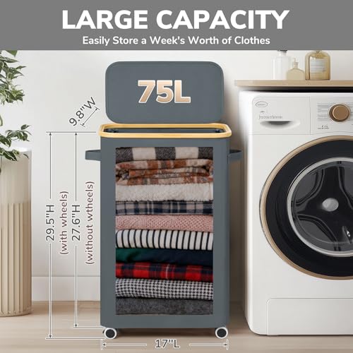 Goodpick Slim Laundry Basket with Wheels and Lid, 75L Rolling Dirty Clothes Hamper for Dorm Bathroom, Large Laundry Hamper with Bamboo Frame Removable Bag, 17" x 9.8" x 29.5", Gray - color: Gray, size: 75L (17"L x 9.8"W x 29.5"H)