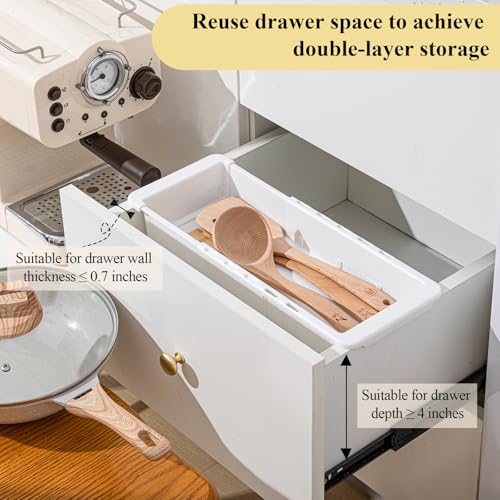 2 Pcs Expandable Drawer Organizer Bins Adjustable Deep Drawer Hanging Organizer Tray Expandable 11.4 to 18.1 Inches Plastic Dividers Storage for Office Bathroom Bedroom Kitchen Desk, White