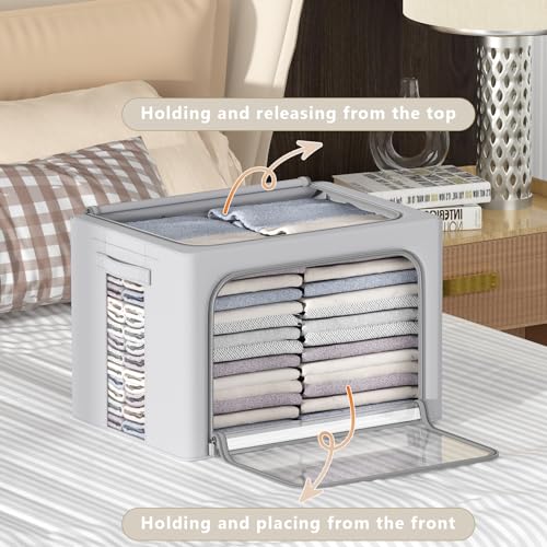 CYhom 3Pack Frame Storage Box - Clothes Storage Bin Bags Oxford Fabric Foldable Stackable Container Organizer Set with Clear Window & Carry Handles (Grey, Extra Large-100L) - color: Grey, size: Extra Large-100L