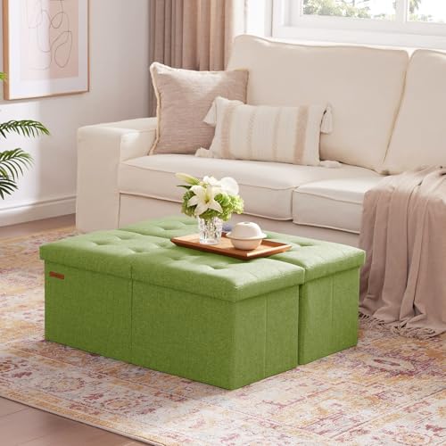 HAUSFRAU 31.5 Inches Ottoman with Storage Bench, Folding Ottoman Bench Small Foot Rest Stool, Bedroom Bench with Flipping Lid, Linen Avocado - color: Avocado, size: 13"D x 31.5"W x 13"H