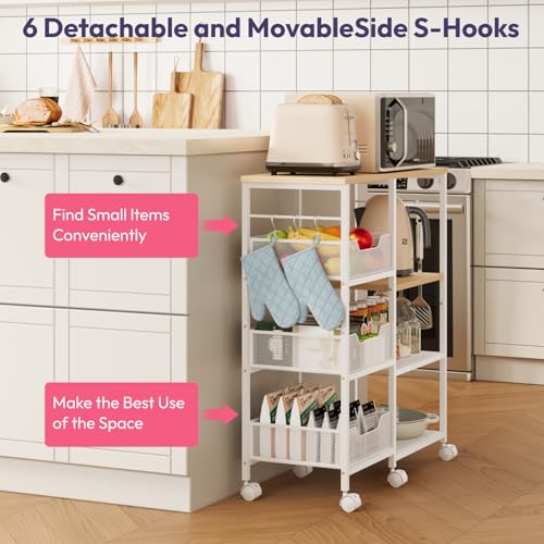 SWTYMIKI Kitchen Island Cart on Wheels - 4 Tier Rolling Kitchen Table Cart with Storage Shelves, 6 Removable Hooks& Locking Casters, Coffee Bar Cabinet for Dining Room Pantry Office, White - size: 28x11.81in, style: White