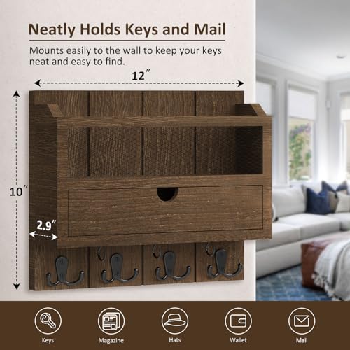 Nekon Mail Organizer with Drawer for Wall, 12"W x 10"H x 3.1"D Mail Sorter Wall Mounted, Wooden Key Holder Wall File Organizer Letter Sorter for Letter Magazines (Brown) - color: Brown