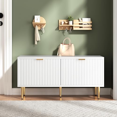 Garvee Shoe Storage Bench for Entryway, Modern Fluted Shoe Cabinet with Storage, Compact Wooden Mudroom Bench for Hallway, Foyer, Entrance, Front Door, White