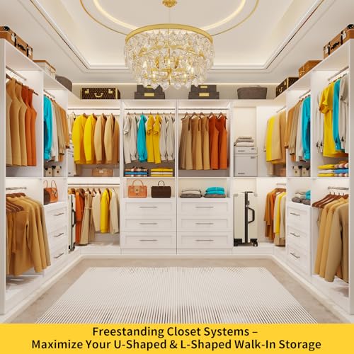 Closet System with 6 Drawers, Corner Closet Organizer System with 10 Hanging Rods Heavy Duty Walk in Wooden Modular Closet Storage System L-Shaped U -Shaped Freestanding 4 Sets 2500+ Lbs White - color: Cl07090912