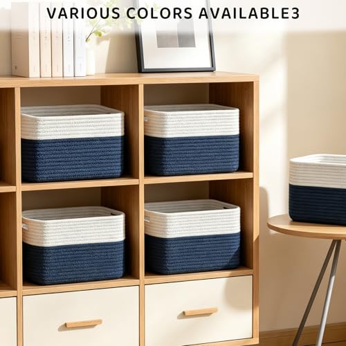 4 Pack Storage Baskets for Organizing, 12''Lx9''Wx8''H Woven Baskets for Storage Toys, Towels, Books, and Clothes, Cotton Rope Basket for Shelves with Handle - color: White & Navy blue