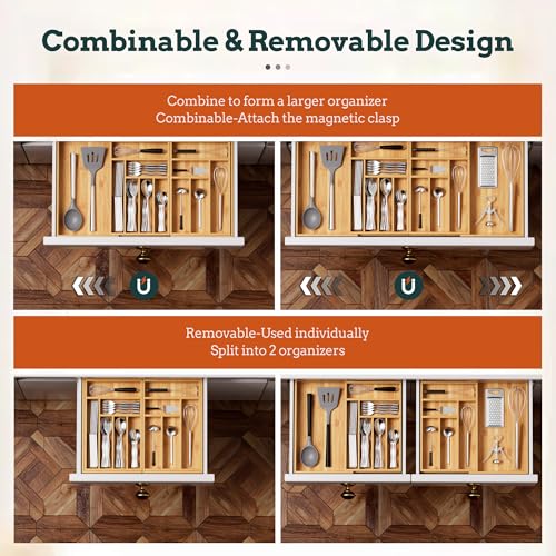 Silverware Organizer Large, Magnetic Connected Expandable 13 Slots Silverware Drawer Organizer From 21 to 37.4 Inches, Adjustable Flatware and Cutlery Holder, Bamboo Utensil Tray for Kitchen Natural - color: Natural, size: 13 Slots