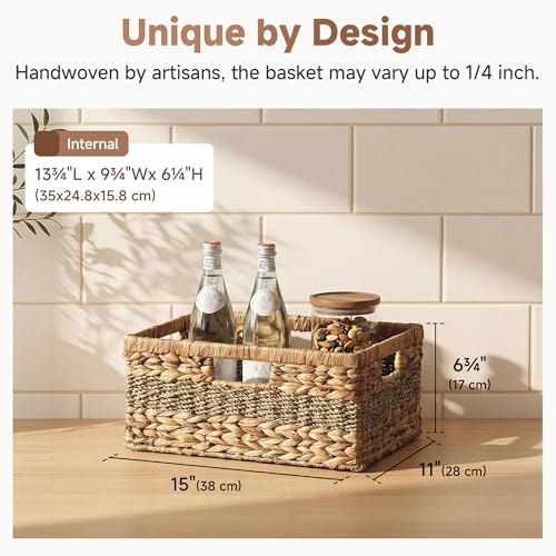 StorageWorks Large Rectangular Wicker Basket, Water Hyacinth and Seagrass Storage Basket with Built-in Handles, 1 Pack - color: Natural (Water Hyacinth with Seagrass), size: 15"L x 11"W x 6 ¾"H