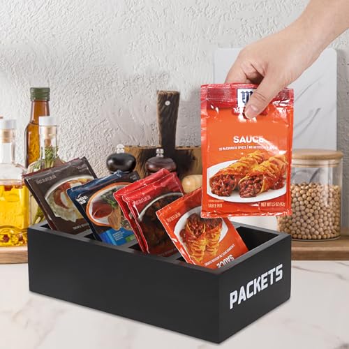 BSTKEY Seasoning Packet Organizer, Food Packet Storage Organizer with 4 Compartments, Black Wooden Storage Caddy for Kitchen Pantry Cabinet, Farmhouse Kitchen Organization Bin for Snacks Spice Packets - color: Black