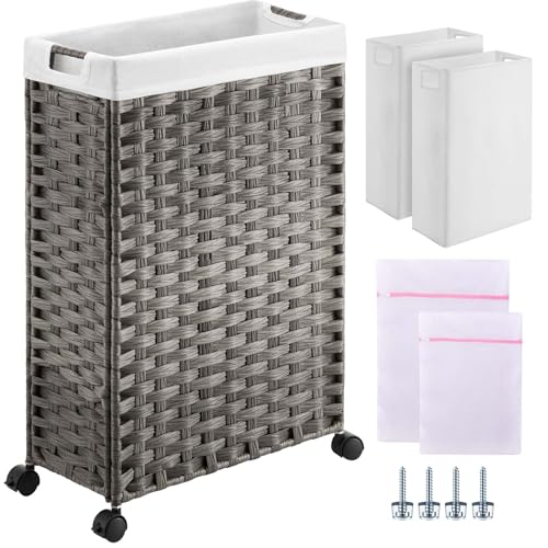 Greenstell Laundry Hamper with Wheels, 11.9 Gallon (45L) Small Clothes Hamper with 2 Removable Liner Bags & 2 Mesh Bags, Slim Rattan Laundry Basket for Bathroom, Bedroom, Grey - color: Grey, size: 45L (15.8 x 7.9 x 23.6 inches)