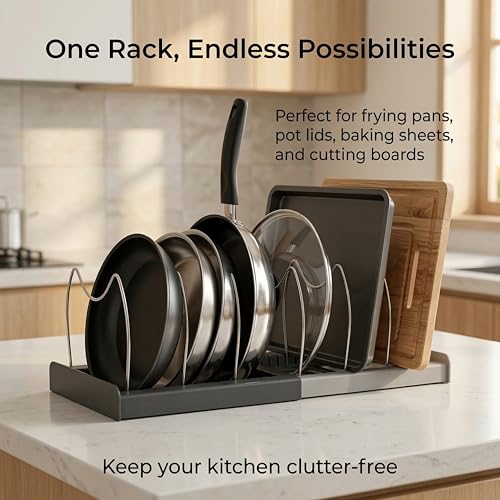 OMIO Expandable Pot Lid Organizer Rack for Under Cabinet, Adjustable 12"-22" Kitchen Storage with 7 Steel Dividers, Scratch-Resistant ABS Base for Pans, Cutting Boards, Bakeware, Grey - color: Deep Grey & Light Gray