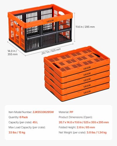 VEVOR Plastic Collapsible Storage Bins, 45L 6 Packs, Stackable Folding Storage Crates with Handles, Holds 33 lbs Per Bin, Foldable Heavy Duty Containers, Space-Saving Baskets, for Home Organizing - size: 45L-Orange-6PC