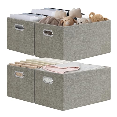 Posprica Closet Storage Bins, 4 Pack Closet Shelf Organizers, Linen Fabric Decorative Storage Baskets for Organizing, Foldable Storage Box for Clothes, Toy, 15x10.5x8.25 Inch-Coffee - color: Coffee, size: 15Lx10.5Wx8.25H