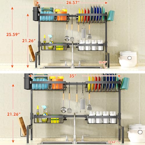 YKLSLH 4 Baskets Over The Sink Dish Drying Rack, Extendable Large Capacity Sink Rack, Metal Drying Rack Saving Space,for Most Sinks (26.57"-35") - color: Black, size: 2 tiers 4 baskets