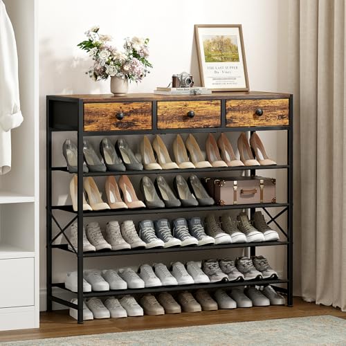 Shoe Rack, 5 Tier Shoe Organizer with 3 Drawers, Metal Shoe Storage for 24-30 Pairs of Shoes with Fabric Shelves and Wooden Top, Narrow Shoe Shelf for Closet Entryway Rustic Brown - color: Rustic Brown, size: 5 Tier(41.3 × 10.8 × 37.8)