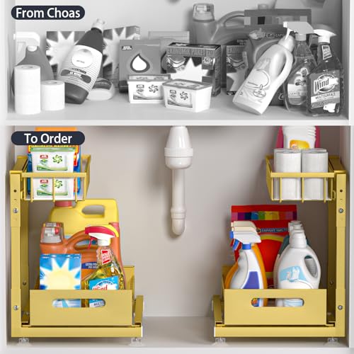 L-Shaped Under Sink Organizer, 2 Pack 2-Tier Pull Out Metal Kitchen Cabinet Organizer with Sliding Storage Drawer, Height Adjustable Heavy Duty Under Bathroom Sink Storage for Cleaning Supplies - color: Gold V2.0, size: 2 Pack