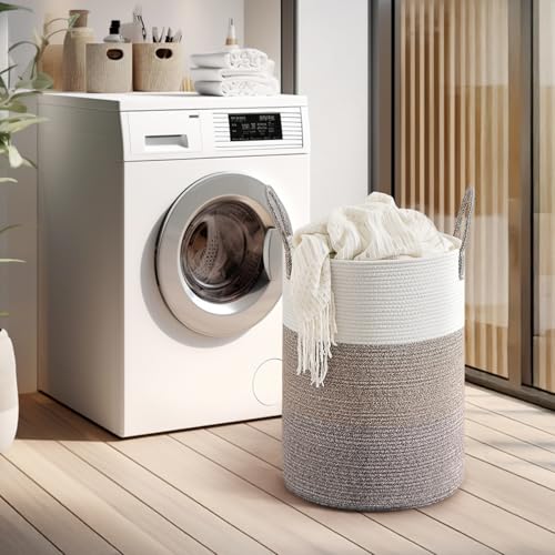 CLHMILY&Z 60L Laundry Basket Round Storage Rope Basket - 15x20.5 Inches - Laundry Hamper in Bedreoom and Mutil Storage Bin for Blankets, Toys, and Nursery Essentials - color: Brown & White, size: 60L