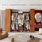 Wall-Mounted Steel & Wood Closet Organizer System with 4 Adjustable Shelves, 5 Hanging Rods, and 2 Drawers – Modern Open Wardrobe, Walnut - color: BC03-walnut