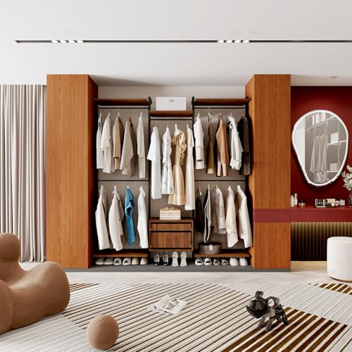 Wall-Mounted Steel & Wood Closet Organizer System with 4 Adjustable Shelves, 5 Hanging Rods, and 2 Drawers – Modern Open Wardrobe, Walnut - color: BC03-walnut