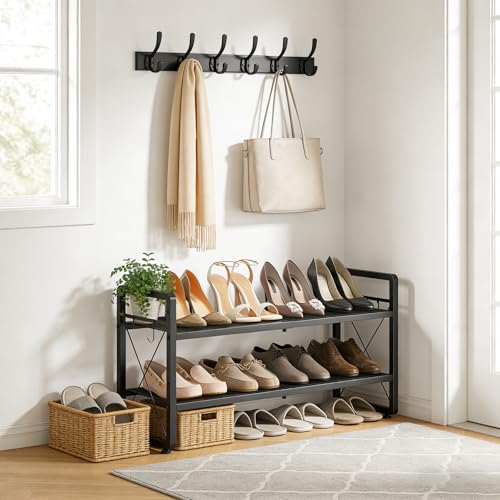 ELYKEN Shoe Rack, 2-Tier Expandable Shoe Organizer for Entryway, Metal Black Shoe Shelf with 4 Hooks, Ajustable Shoe Stand Holder for Closet, Garage, Door Entrance - size: 2-Tier