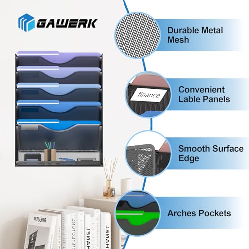 Gawerk 6 Tier Hanging File Organizer, Mesh Wall File Holder Paper Folder Rack with Bottom Flat Tray for Office Home, Black - color: Black, size: 6-T