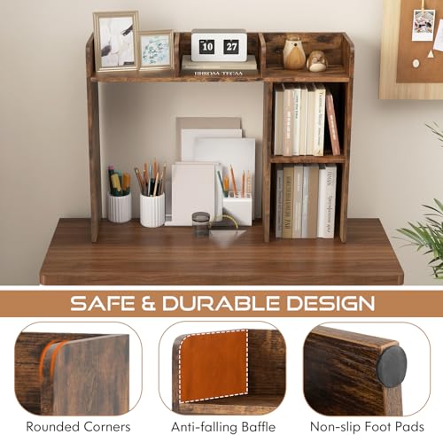 Tangkula Desktop Bookshelf, Countertop Storage Hutch with 5 Shelves for Computer Desk, 3-Tier Display Rack, Multipurpose Wood Desktop Hutch Storage Organizer for Dorm Office, Brown - color: Rustic Brown, size: 5 Shelves
